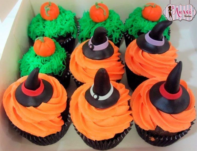 Cupcakes de Halloween - Sombreros de bruja y calabazas