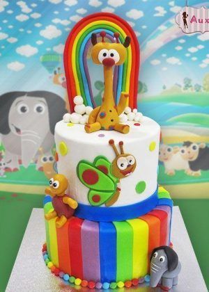Tarta Baby TV 1 año con jirafa, arcoíris, mariposa, patito y elefante en Auxai Tartas