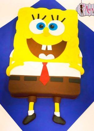 Tarta Bob Esponja 2D con figura plana de Bob Esponja en esponja amarilla, camisa blanca y corbata roja
