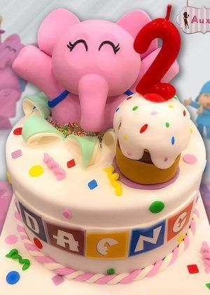 Tarta sorpresa Elly Pocoyo con elefanta rosa, magdalena y vela número 2