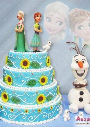 Tarta Disney Frozen margarita de tres pisos con Elsa, Anna, Olaf y girasoles