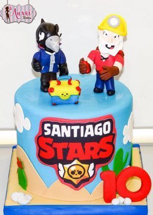 Tarta Brawl Stars Cuervo y Minero personalizada Madrid con fondant de dos personajes legendarios del videojuego