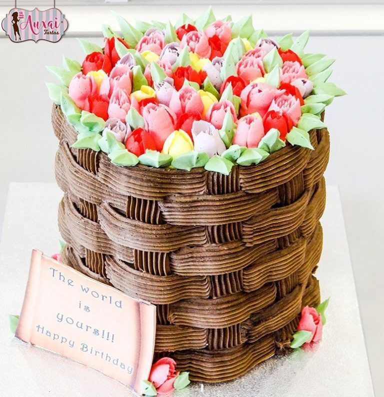 Tarta cesta de flores sin asa y sin fondant