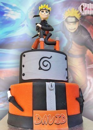 Tarta Naruto con figura 3D de Uzumaki, placa Konoha y nombre David en Auxaitartas