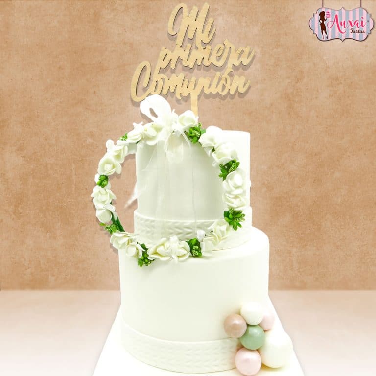 Tarta de Comunión corona de flores y bolas de colores