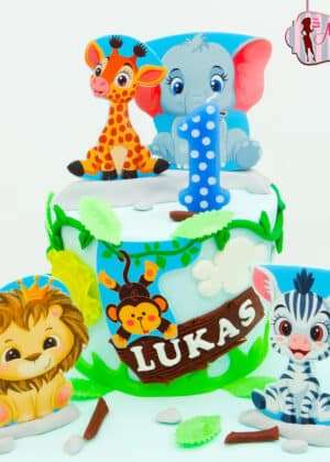 Tarta animales de la selva papel de azúcar
