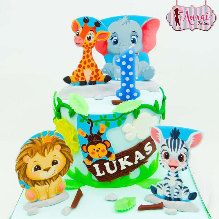 Tarta animales de la selva papel de azúcar