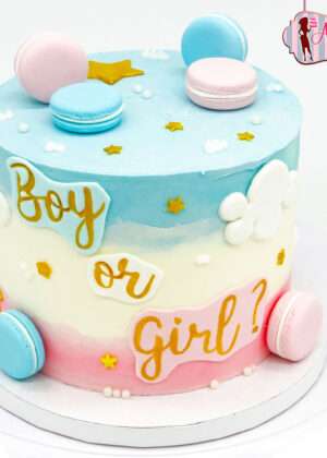 Tarta gender reveal boy or girl en degradado azul y rosa con macarons, nubes y estrellas para revelación de género Madrid