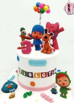 tarta Pocoyo papel de azúcar personalizada, personajes Pocoyo Pato Elly, fondo azul y amarillo pastel, decoración infantil, Madrid