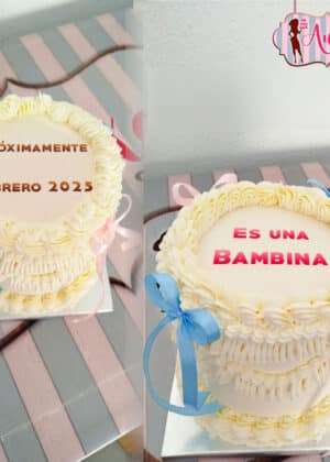 Tarta Gender Reveal burn away con mensaje Es una Bambina y lazos en Auxaitartas