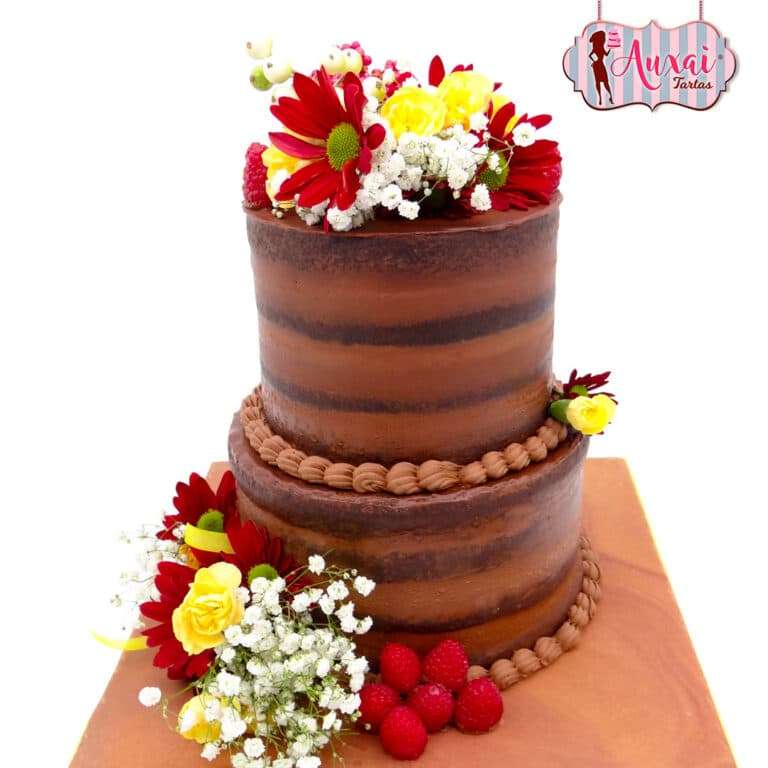 Tarta boda semi naked chocolate con flores