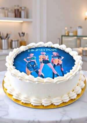 Tarta económica 15 cm personalizada con impresión comestible con buttercream blanca y bordes rosetas en Auxaitartas