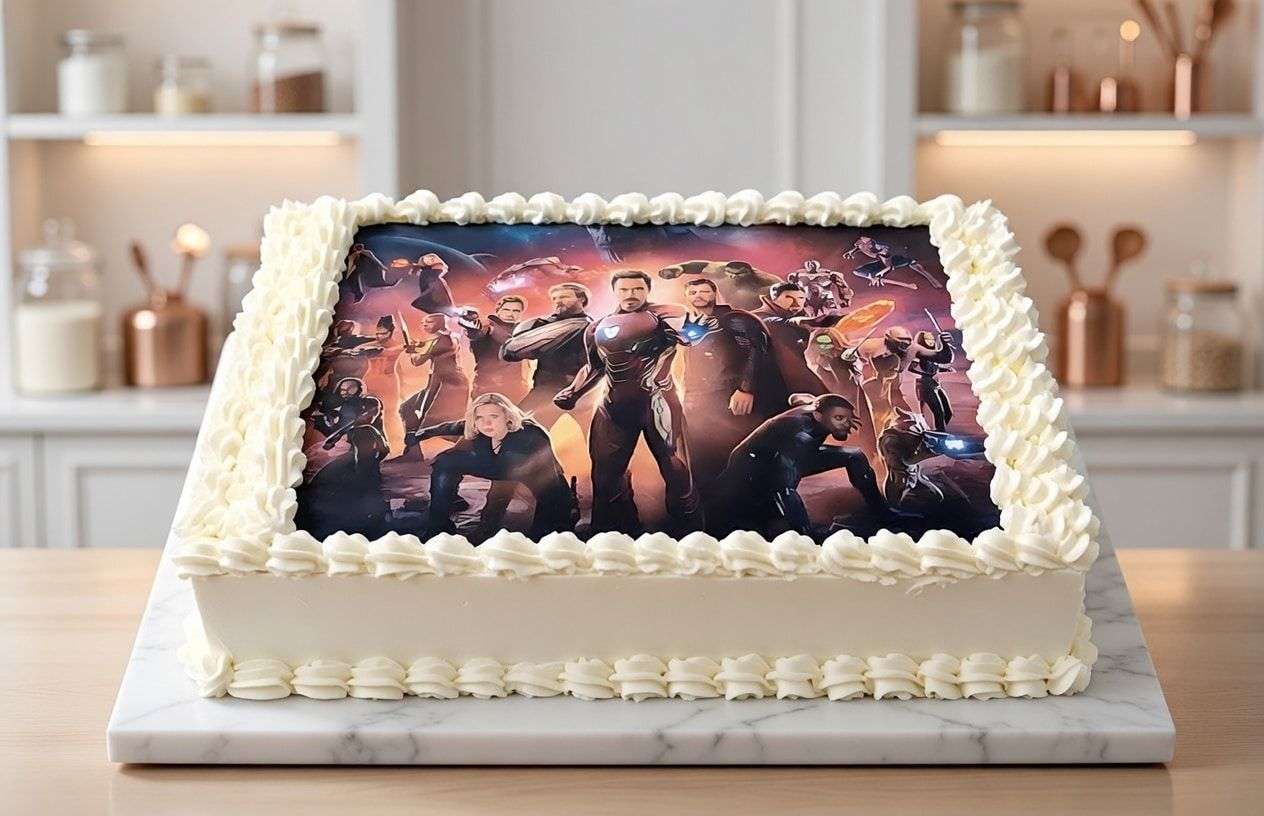 Tarta económica 20×30 cm personalizada con escena de Avengers en buttercream blanca en Auxaitartas