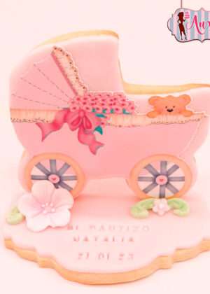 Galleta bautizo carrito bebé papel de azúcar