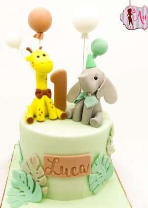 Tarta 1 año animales de la selva jirafa y elefante