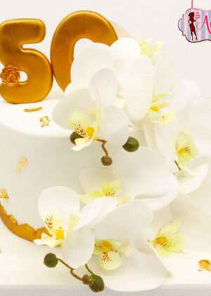 Tarta 50 años con orquídeas de tela