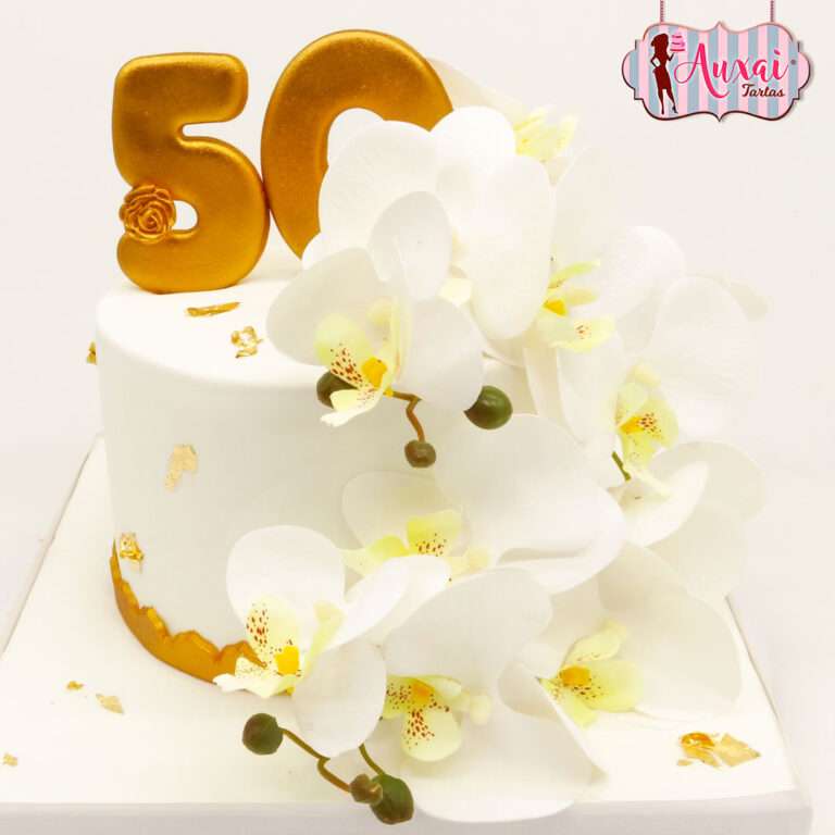 Tarta 50 años con orquídeas de tela