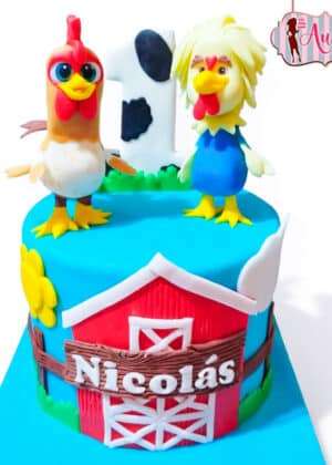 Tarta animales gallo Bartolito y Pelucón