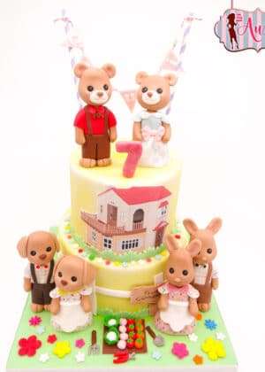 Tarta animales ositos de granja con ositos y conejitos vestidos, casita y huerto