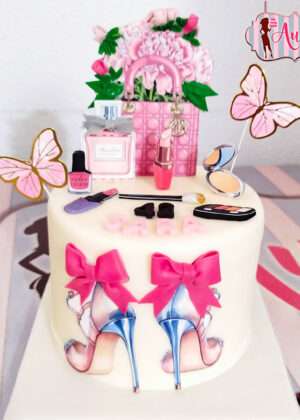 Tarta bolso y tacón papel de azúcar