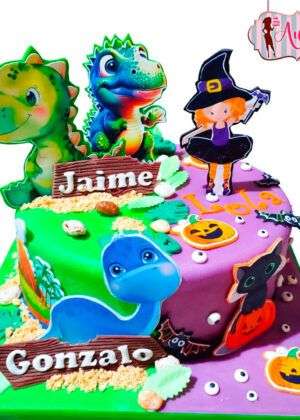 Tarta doble Halloween y dinosaurios