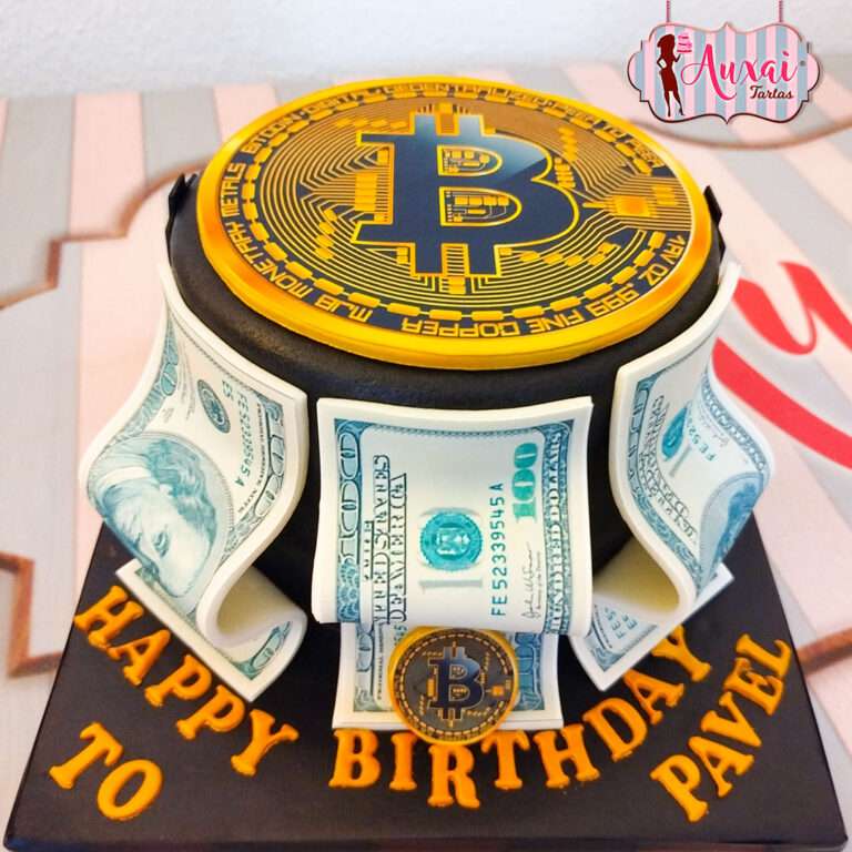 Tarta Bitcoin y Billetes de Diseño Crypto