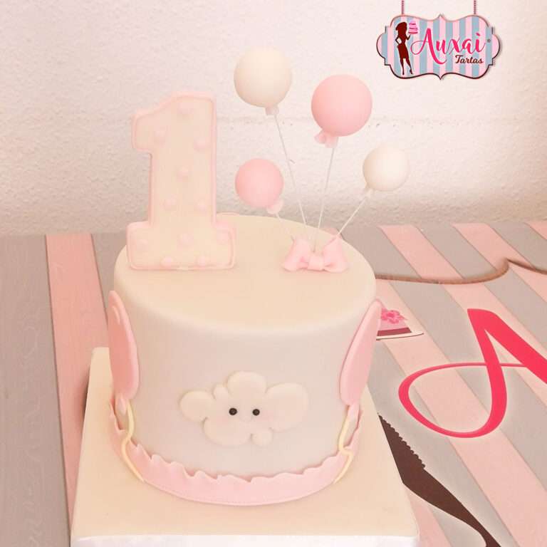Tarta globos rosas y blancos 1 año