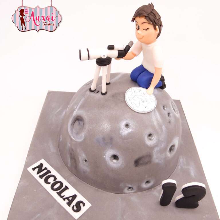 Tarta Infantil de la Luna con Telescopio y Astrónomo