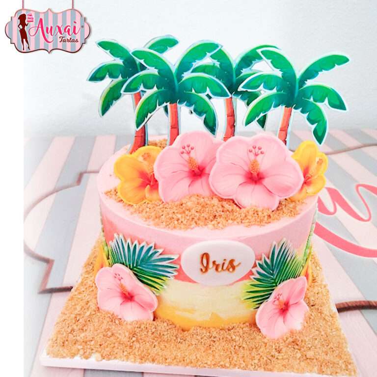 Tarta tropical personalizada con palmeras y flores